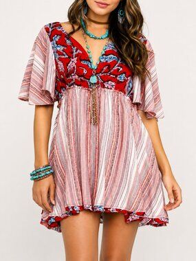 Free People Red Rome Printed Tunic Dress XS Boho V Neck Pockets NWT